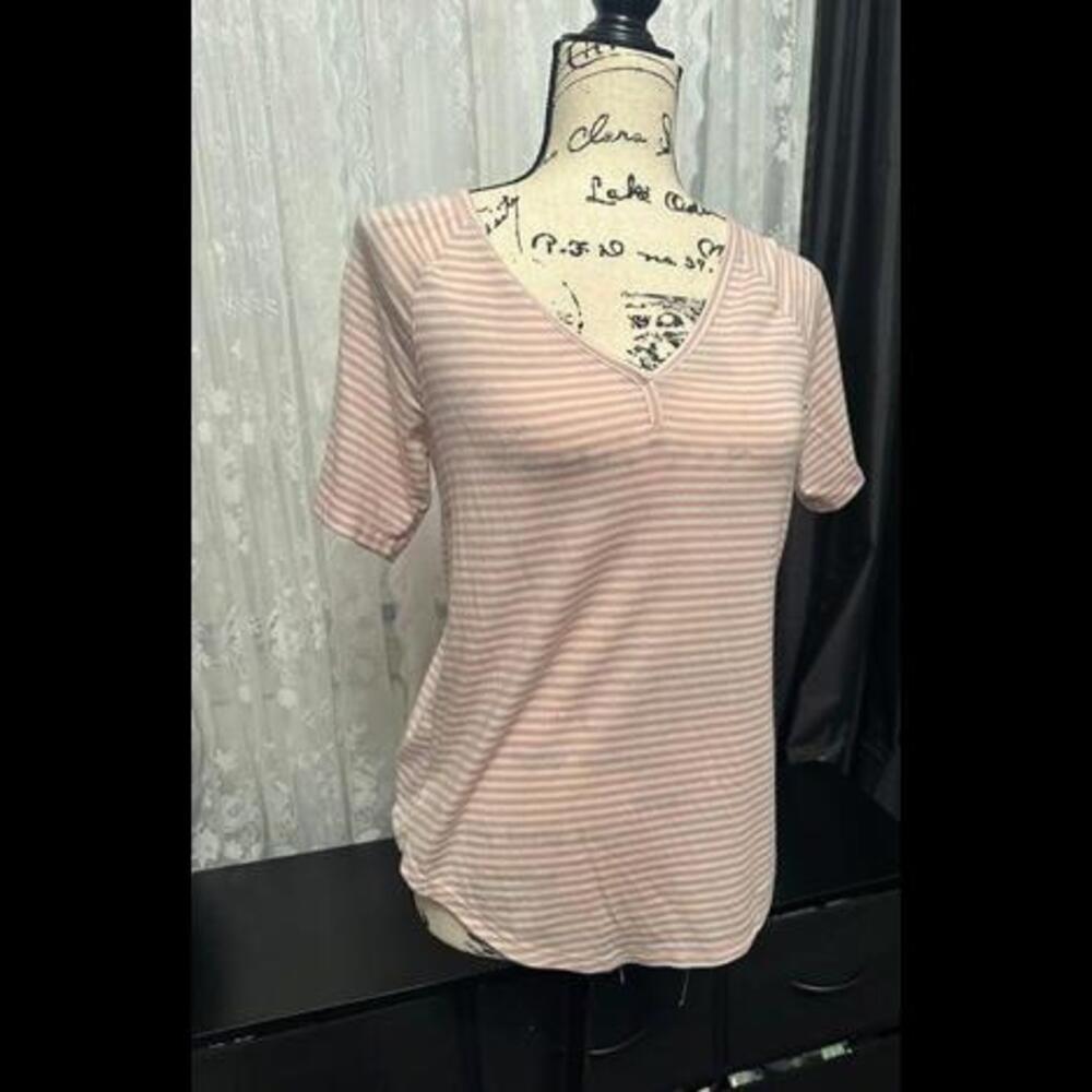 Soft Pink Striped V-Neck Tee - Comfortable and Casual